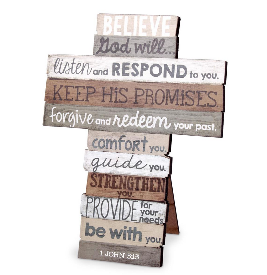 Believe Stacked Wood 9" Tabletop Cross