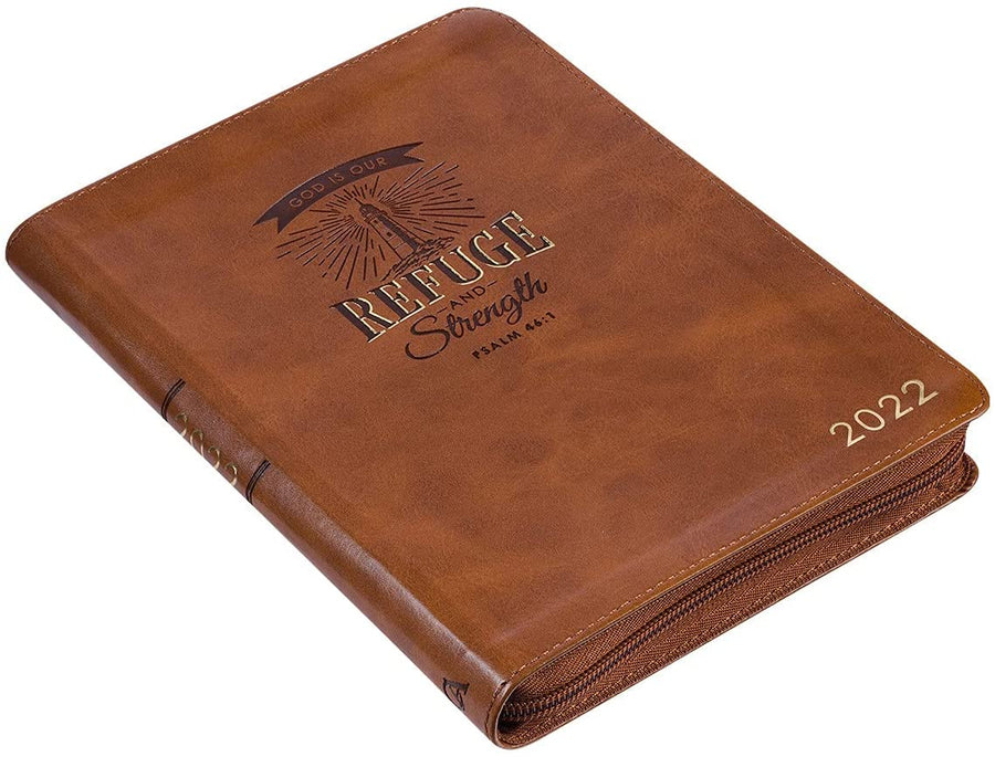 Personalized 2022 Refuge and Strength Brown Faux Leather Zippered Executive Planner